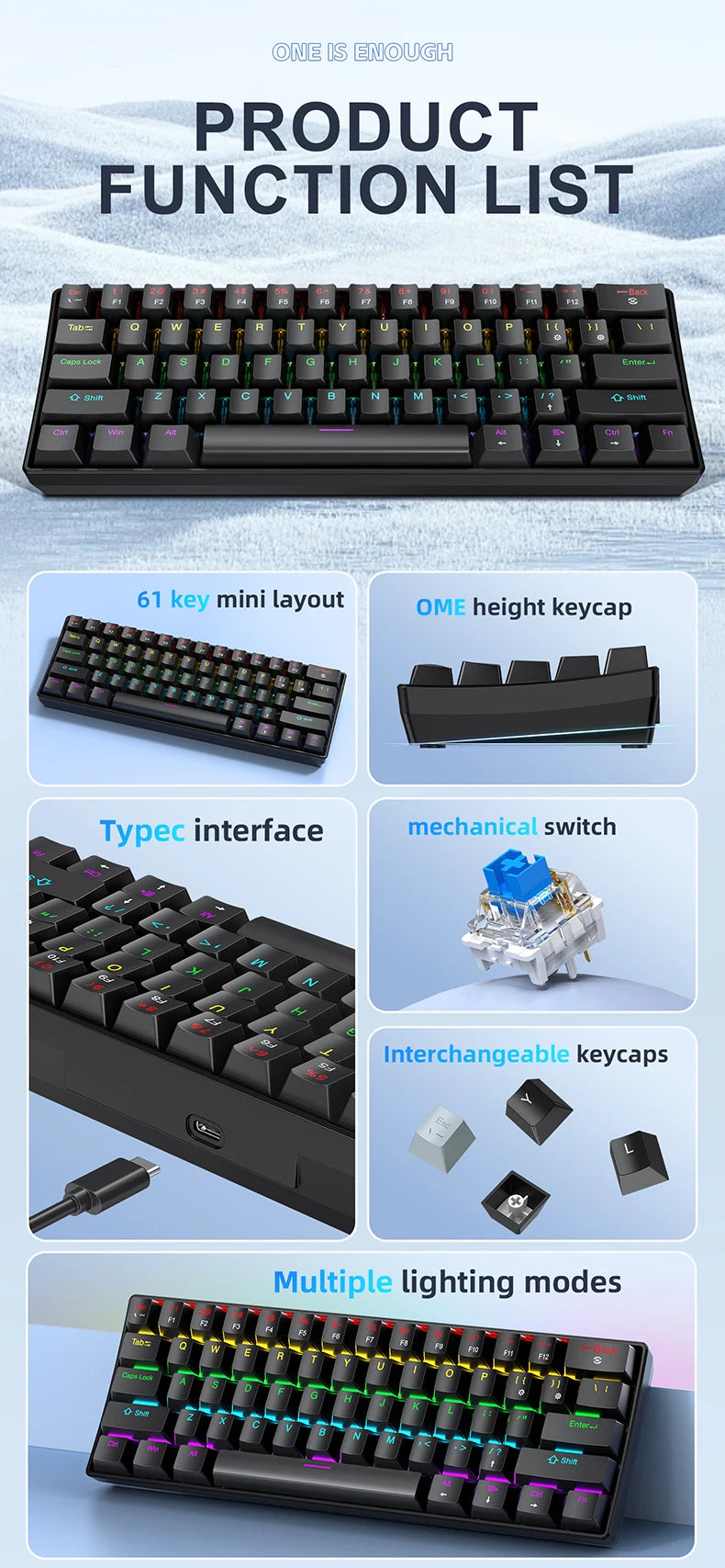 Tastiera meccanica mini APAYADO K61, cablata, 61 tasti, RGB Phantom, nera/bianca, switch meccanici rossi/blu per gaming, portatile 60%