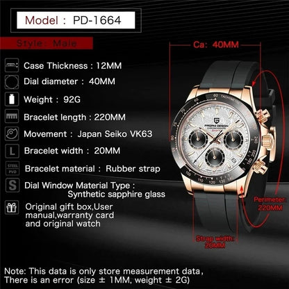Nuovo originale PAGANI DESIGN PD-1664 orologio da uomo di lusso, movimento al quarzo giapponese VK63, zaffiro, impermeabile, cronografo, oro