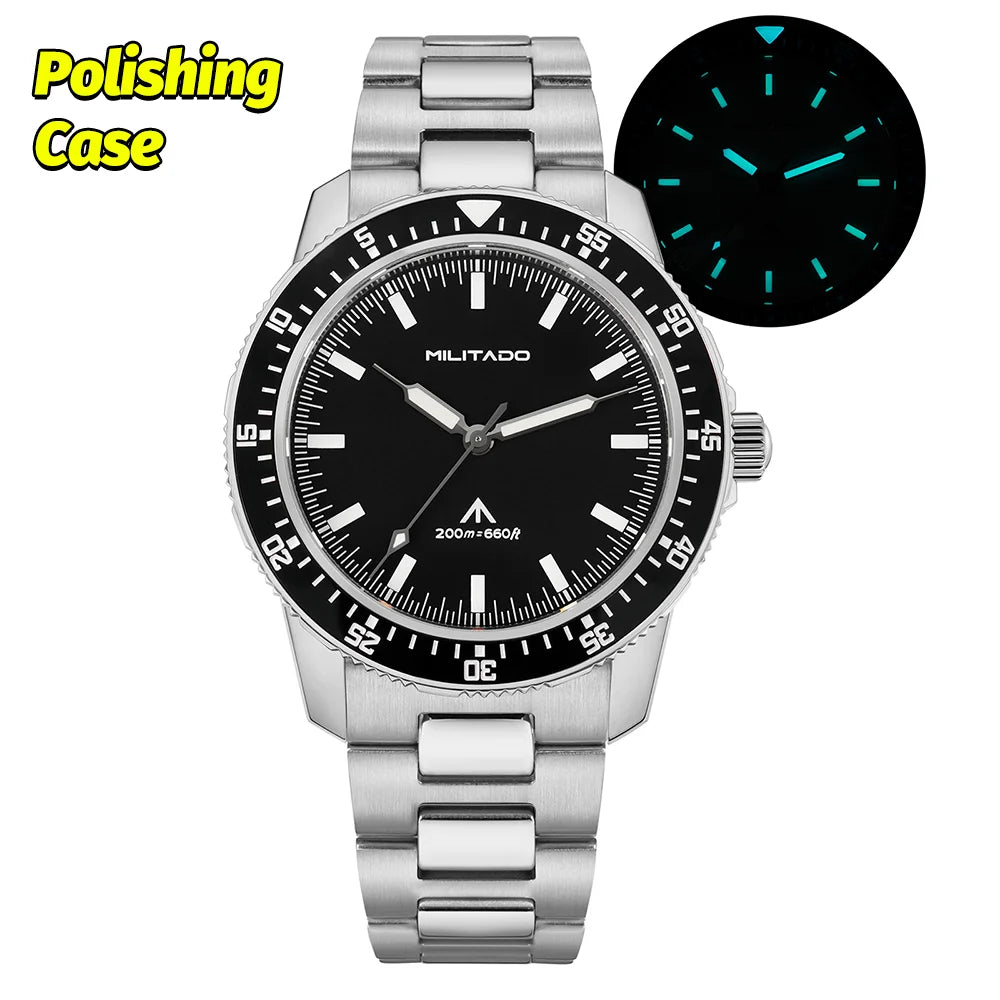 MILITADO  ML25 Quartz Dive Watch VH31 Sweep Second Sapphire Crystal 200M Waterproof BGW9 Lume Ceramic Bezel Men Watch