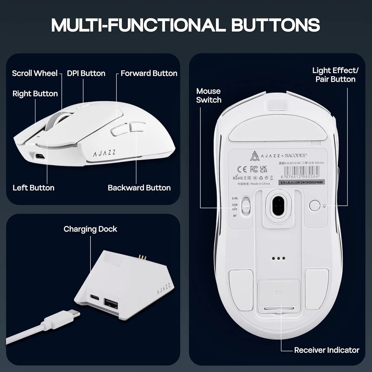 Ratón gaming inalámbrico AJAZZ AJ139 V2 MC/AJ139 PRO con sensor PAW3311/PAW3395, 12000DPI/26000DPI, 500mAh, Bluetooth, para PC