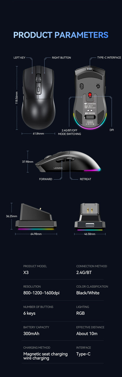 Dual-Mode Wireless Mouse with Magnetic Charging Dock, RGB Backlit Bluetooth & 2.4G Wireless Mouse, Rechargeable Ergonomic Mouse with Adjustable 1600 DPI