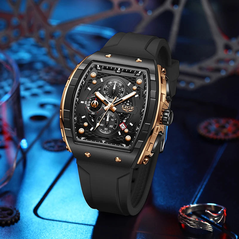 Reloj LIGE para hombre, de moda y lujo, resistente al agua, correa de silicona, cuarzo, luminoso, deportivo, fecha automática, cronógrafo, diseño sencillo