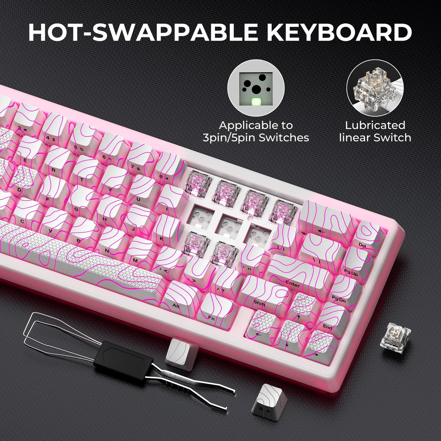 Teclado mecánico inalámbrico XVX M67 JadeStone con teclas IMD-Tech, trimodo, diseño topográfico blanco gamer y estructura gasket
