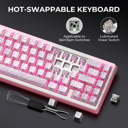 Teclado mecánico inalámbrico XVX M67 JadeStone con teclas IMD-Tech, trimodo, diseño topográfico blanco gamer y estructura gasket