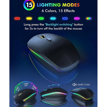 Combo tastiera e mouse wireless con retroilluminazione RGB, lettere illuminate ricaricabili, formato full-size, ergonomico, modalità sleep, 2.4GHz