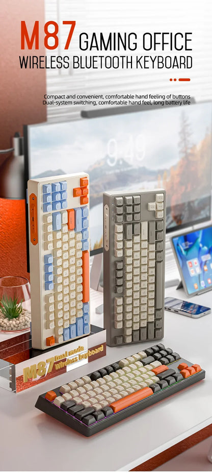 Teclado M87 inalámbrico Bluetooth de doble modo, sensación mecánica, gaming y oficina, silencioso, teclas esféricas PBT, luz arcoíris