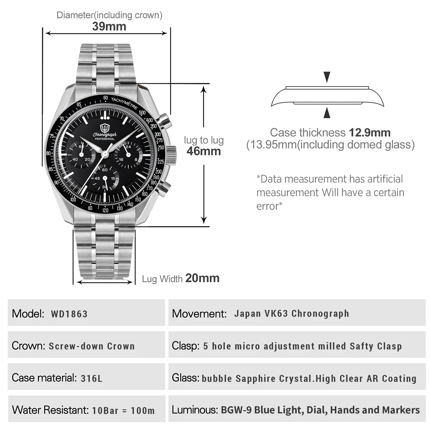 Reloj para hombre Watchdives New Wd1863 de cuarzo VK63, cronógrafo, cristal de zafiro abombado, resistente al agua, 39Mm, acero, marca líder, lujo, negocios