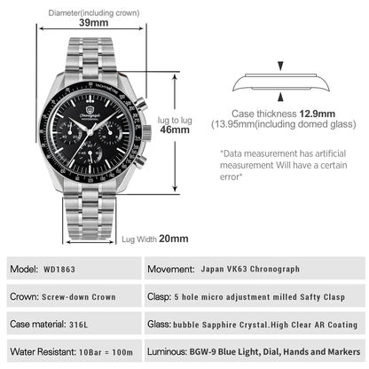 Reloj para hombre Watchdives New Wd1863 de cuarzo VK63, cronógrafo, cristal de zafiro abombado, resistente al agua, 39Mm, acero, marca líder, lujo, negocios