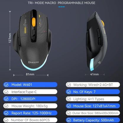 Mouse gaming tri-mode 12800DPI 2.4G Wireless Bluetooth cablato in fibra di carbonio, pulsante silenzioso, programmazione macro, 500mAh, 7 tasti