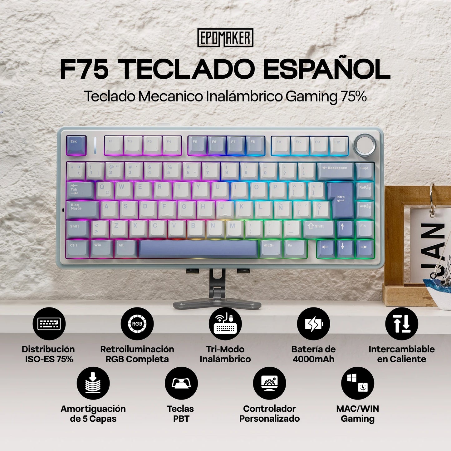 EPOMAKER AULA F75 ISO-ES 75% spagnola QWERTY Hot-Swap, tastiera meccanica da gaming cablata/Bluetooth/wireless 2.4GHz con montaggio gasket e retroilluminazione RGB
