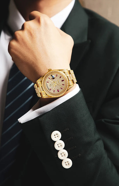 【START】Men's Watch Swiss Automatic Mechanical Movement Diamond Watch Waterproof Date Week Function Golden Watch