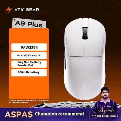 Mouse gaming wireless ATK A9 con tecnologia NearLink, ergonomico, PAW3395, tri-mode Bluetooth a bassa latenza, mouse esports per PC