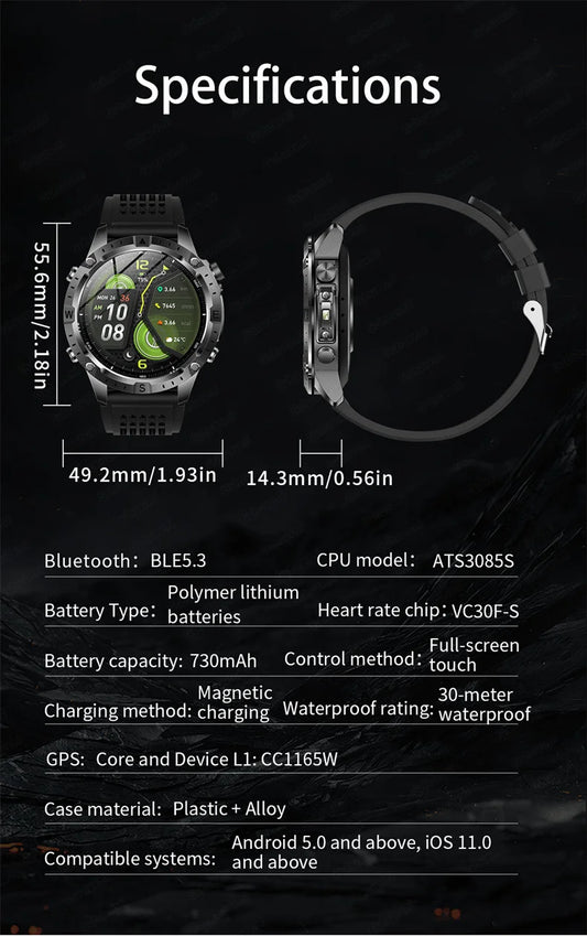 Smartwatch voor heren met GPS-tracking, hoogwaardig horloge, zwem- en waterdicht, zesassige sensor, sportfuncties, 2 GB geheugen, GPS, kaart en kompas