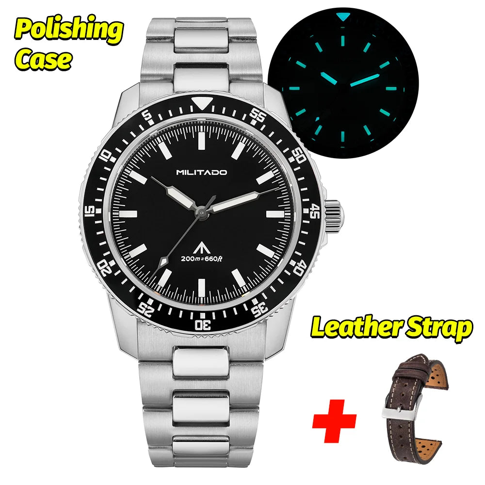 MILITADO  ML25 Quartz Dive Watch VH31 Sweep Second Sapphire Crystal 200M Waterproof BGW9 Lume Ceramic Bezel Men Watch