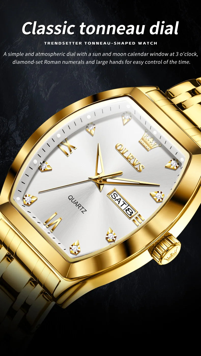 OLEVS New Men's Watches Quartz Luxury Gold Watch Classics Tonneau Dial Top Brand Waterproof Luminous Quartz Watch for Men 5528