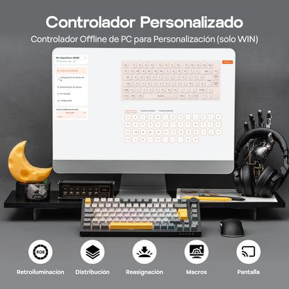 Distribución ISO-ES EPOMAKER X AJAZZ AK820 PRO 75% teclado mecánico con distribución española, cable/2.4GHz/BT, pantalla y perilla para Pc/Mac