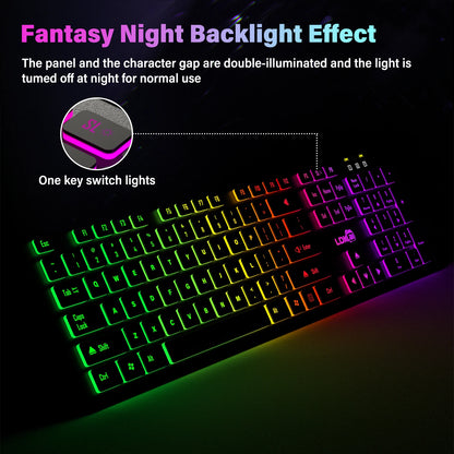 Tastiera da gaming per computer retroilluminata RGB silenziosa, tastiera cablata USB per ufficio e casa, russo, francese, spagnolo, tedesco, arabo, inglese
