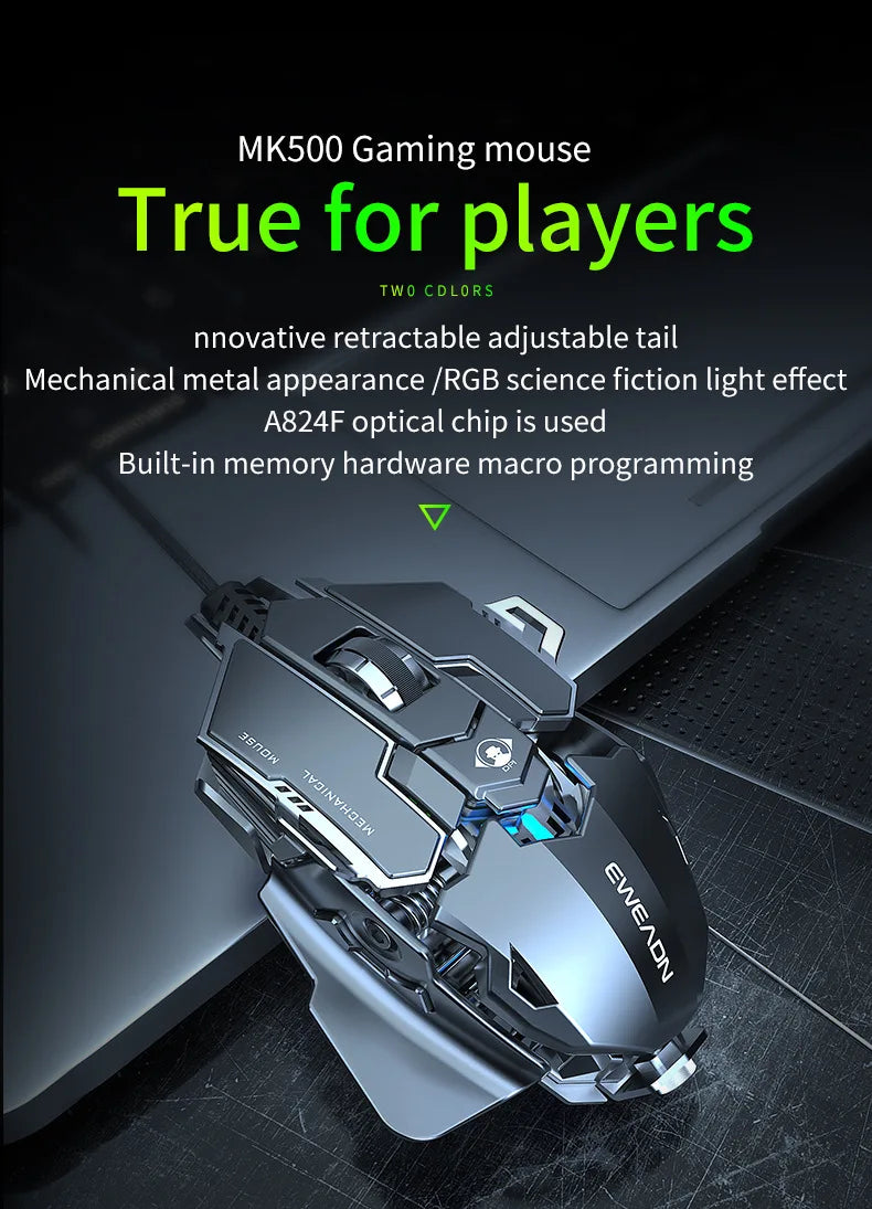Mouse gaming meccanico in metallo cablato ergonomico con retroilluminazione RGB, mouse da gioco ottico USB 12800 DPI per PC desktop