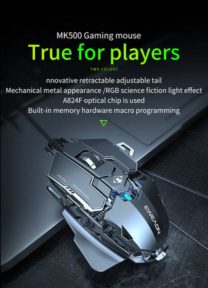 Mouse gaming meccanico in metallo cablato ergonomico con retroilluminazione RGB, mouse da gioco ottico USB 12800 DPI per PC desktop