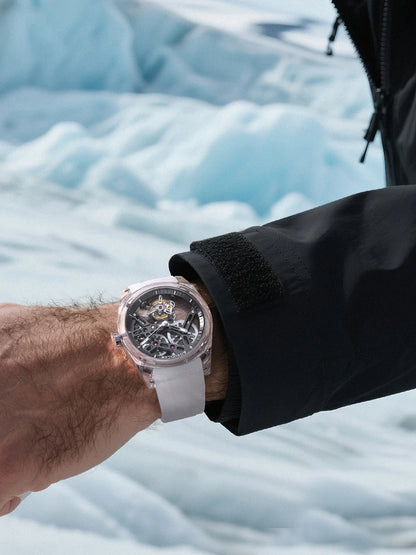 Reloj AGELOCER de edición limitada «Ice Never Melts» con tourbillon de cristal de oscilación libre, reloj mecánico manual de lujo