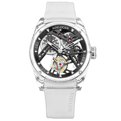 Reloj AGELOCER de edición limitada «Ice Never Melts» con tourbillon de cristal de oscilación libre, reloj mecánico manual de lujo