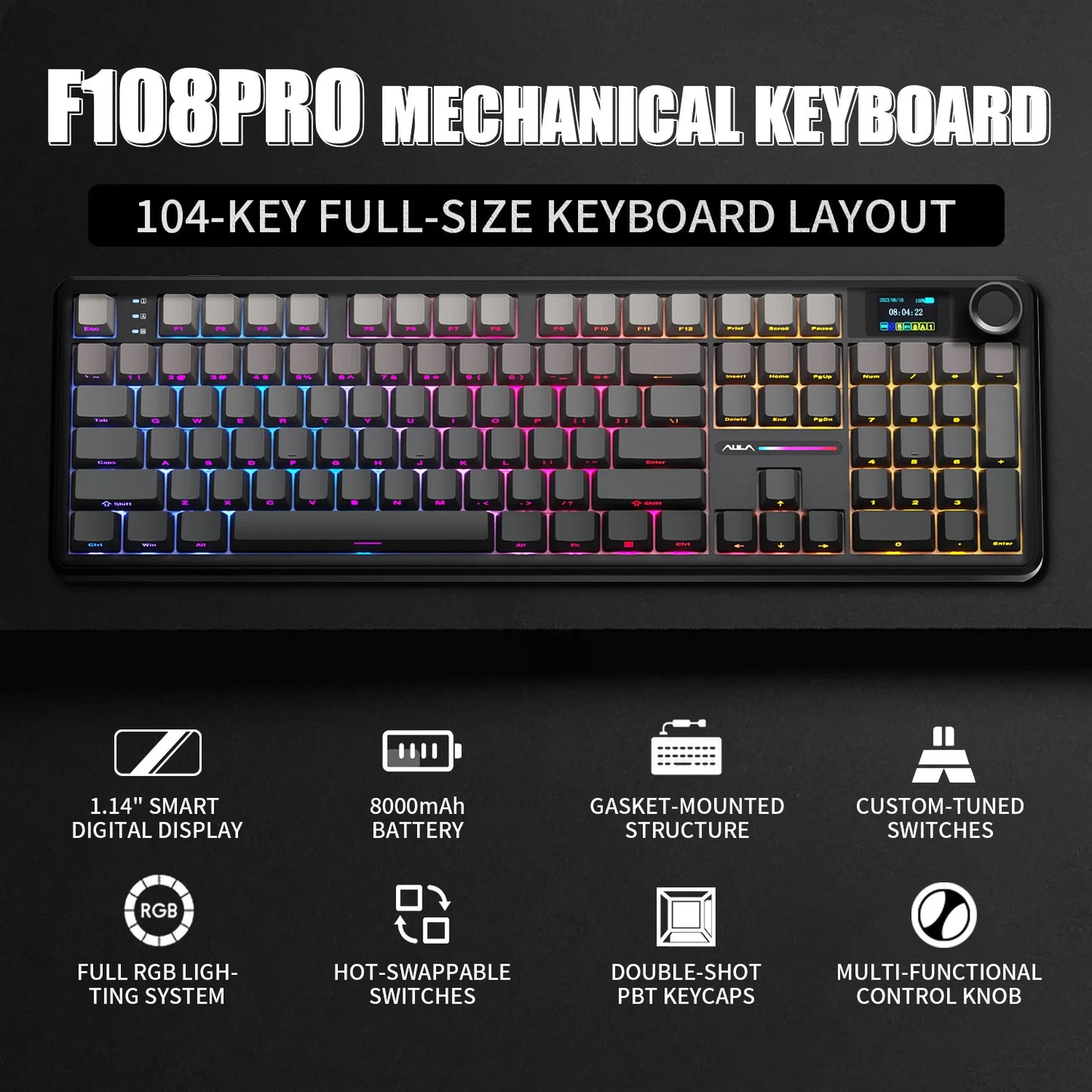 Teclado mecánico AULA F108 PRO personalizado con diseño 100%, retroiluminación RGB, Bluetooth inalámbrico, interruptor HiFi para gaming
