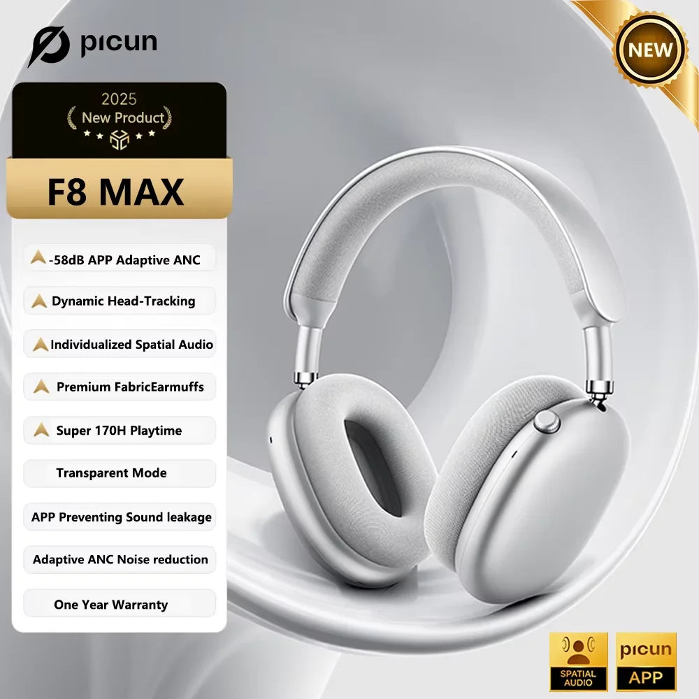 Cuffie wireless Picun F8 Pro ANC con head tracking, audio spaziale 3D, ANC -52dB, headset Bluetooth Hi-Fi, microfono HD ENC, app a bassa latenza