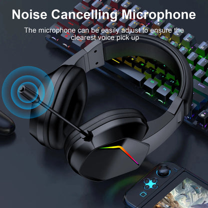 Wireless BT Gaming Headset with LED Lights, Low Latency Gaming Headphones, 40mm Drivers, Over-Ear Wireless Gaming Headset with Microphone