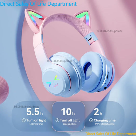 Gradient wireless RB cute cat ears Bluetooth headphones with microphone stereo music games headphones girls children gift