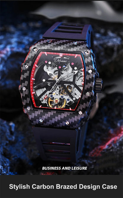 Mechaniczny zegarek Tourbillion dla mężczyzn, silikonowy pasek, szkieletowa koperta tonneau, automatyczne zegarki męskie, luksusowa topowa marka, reloj hombre
