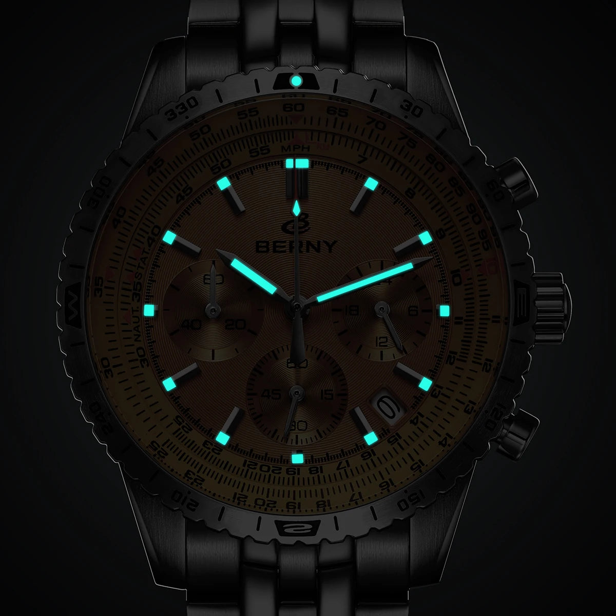 Relógio de homem BERNY Aviation – Cronógrafo de quartzo com data, vidro de safira e revestimento ultraluminescente – Relógio elegante de marca de luxo