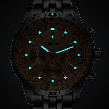 Relógio de homem BERNY Aviation – Cronógrafo de quartzo com data, vidro de safira e revestimento ultraluminescente – Relógio elegante de marca de luxo