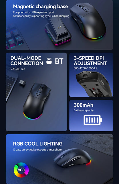 Dual-Mode Wireless Mouse with Magnetic Charging Dock, RGB Backlit Bluetooth & 2.4G Wireless Mouse, Rechargeable Ergonomic Mouse with Adjustable 1600 DPI