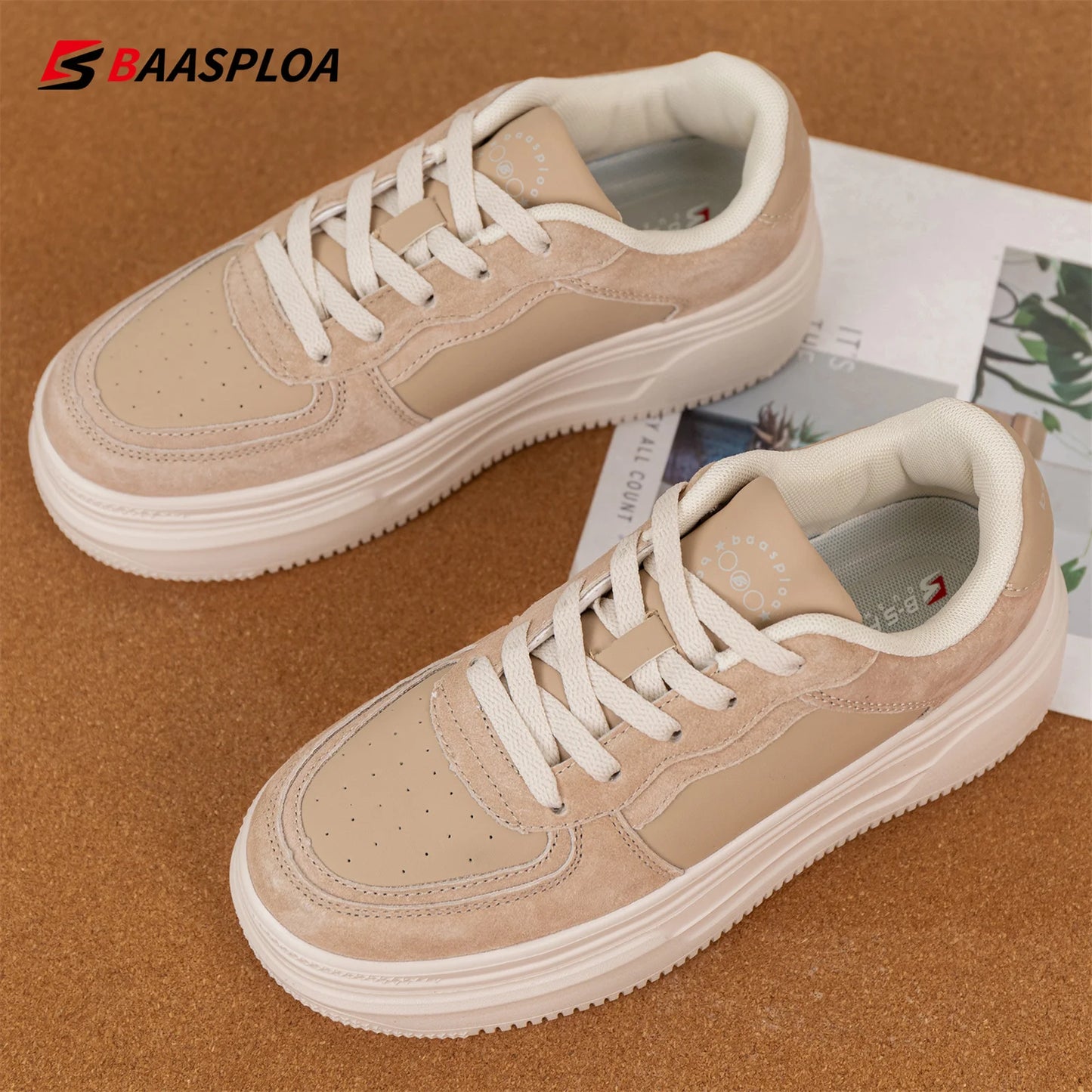 Baasploa Women Platform Sneakers Fashion Leather Casual Thick Soled Shoes for Women Comfort White Skateboarding Shoes Non-Slip