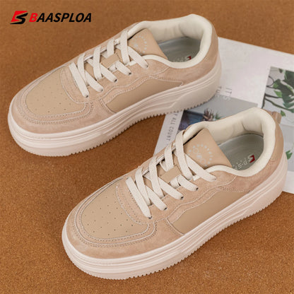 Baasploa Women Platform Sneakers Fashion Leather Casual Thick Soled Shoes for Women Comfort White Skateboarding Shoes Non-Slip