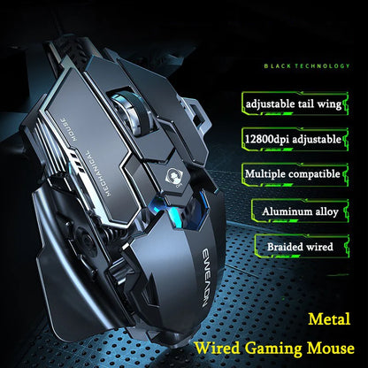 Mouse gaming meccanico in metallo cablato ergonomico con retroilluminazione RGB, mouse da gioco ottico USB 12800 DPI per PC desktop