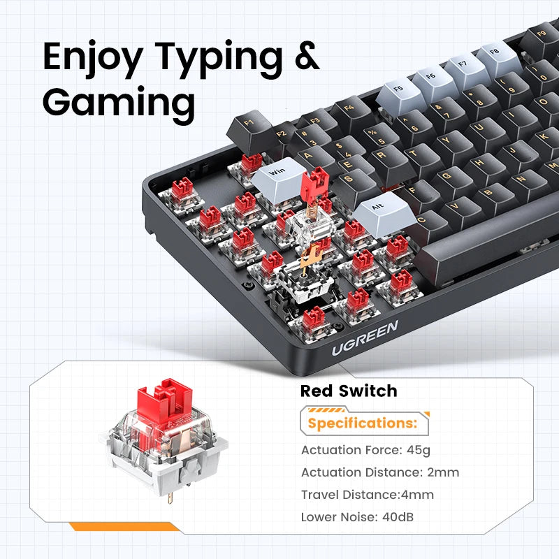 Teclado mecánico UGREEN 108 teclas PBT, teclado con cable, interruptores rojos, ruso/coreano/EN, para ordenador de sobremesa y portátil, Windows, Mac OS y gaming