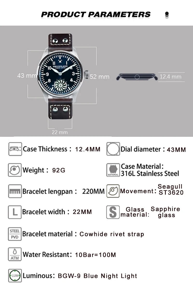 Hruodland Pilot St3620 Retro Men's Manual Mechanical Watch Luxury Sapphire Bgw-9 Night Light Turbine Waterproof 5Bar Reloj Hombr