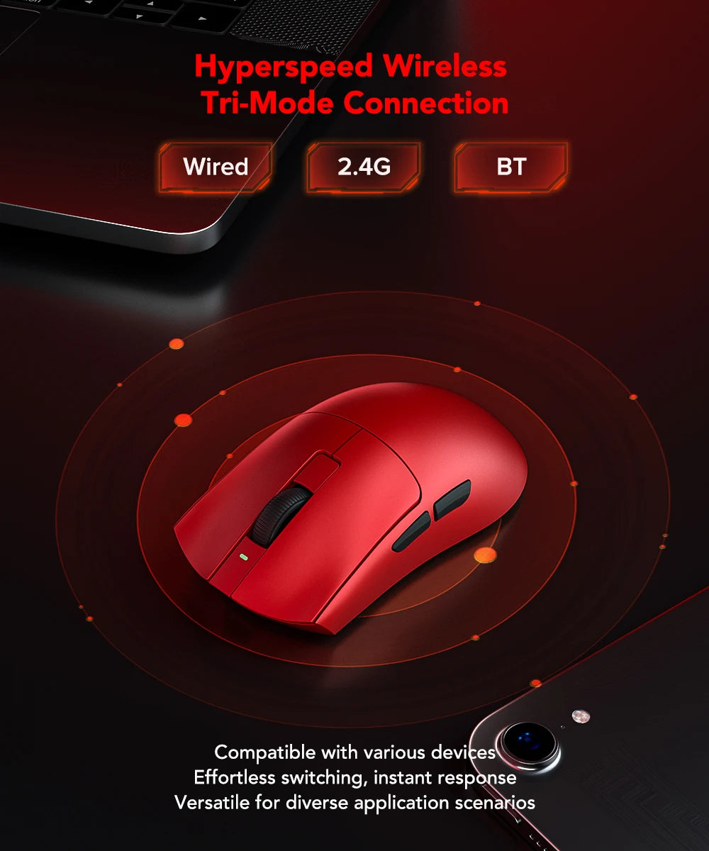 Mouse gaming KYSONA Jupiter Series cablato e wireless 8Khz con sensore PAW3950, Bluetooth, 46g, ricaricabile, driver web per PC e laptop