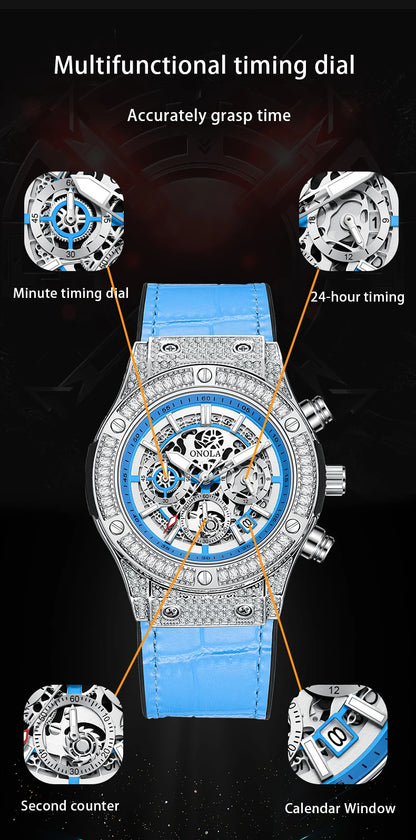 ONOLA Luxury Style Diamond Inlaid Men Quartz Watch Leather Strap Calendar Men Watch 30M Waterproof Men Clock