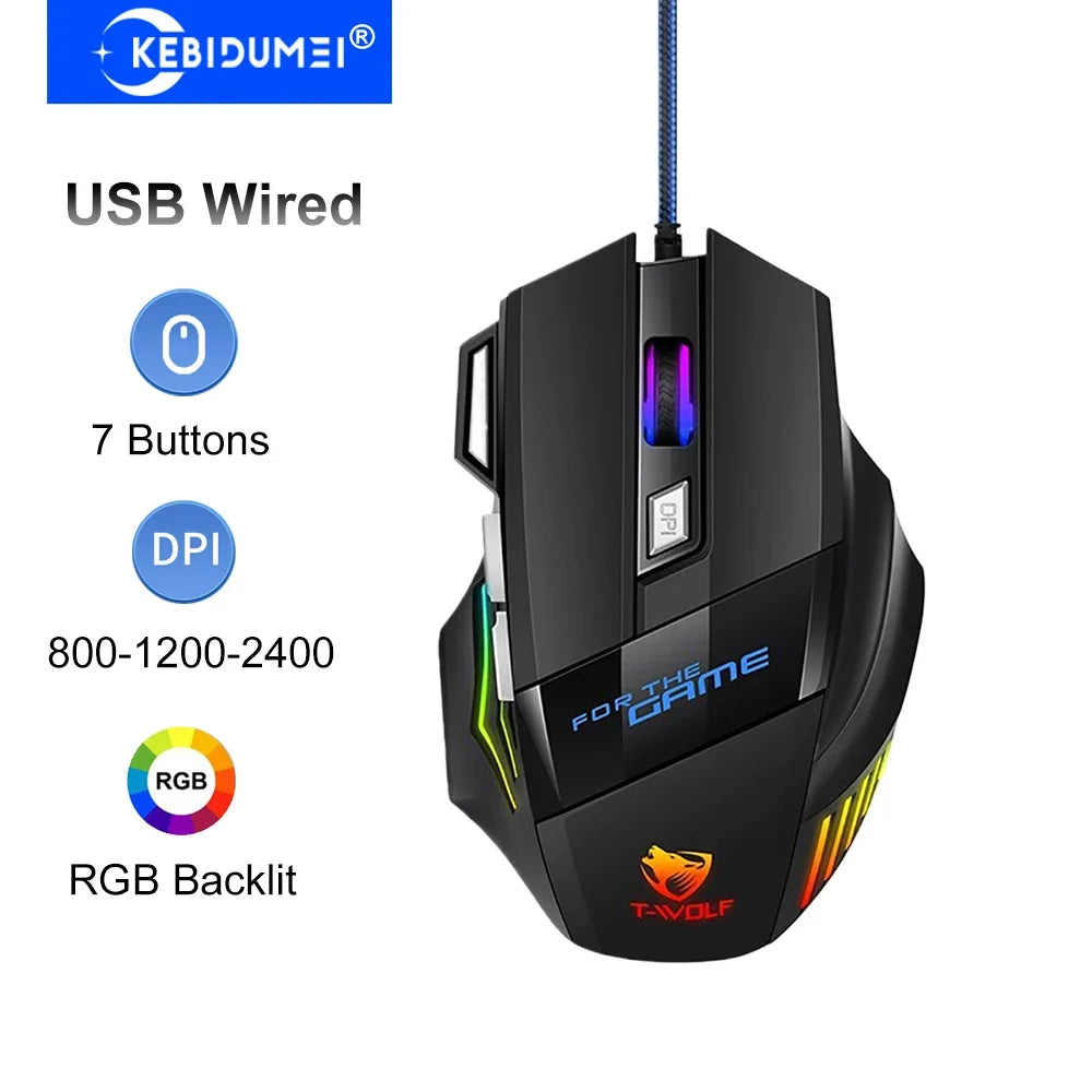 Ratón gaming con cable KEBIDUMEI, 7 botones, retroiluminación RGB, ratón USB ergonómico, 2400 DPI, 3 niveles de DPI, para PC, portátil, Windows y Mac OS