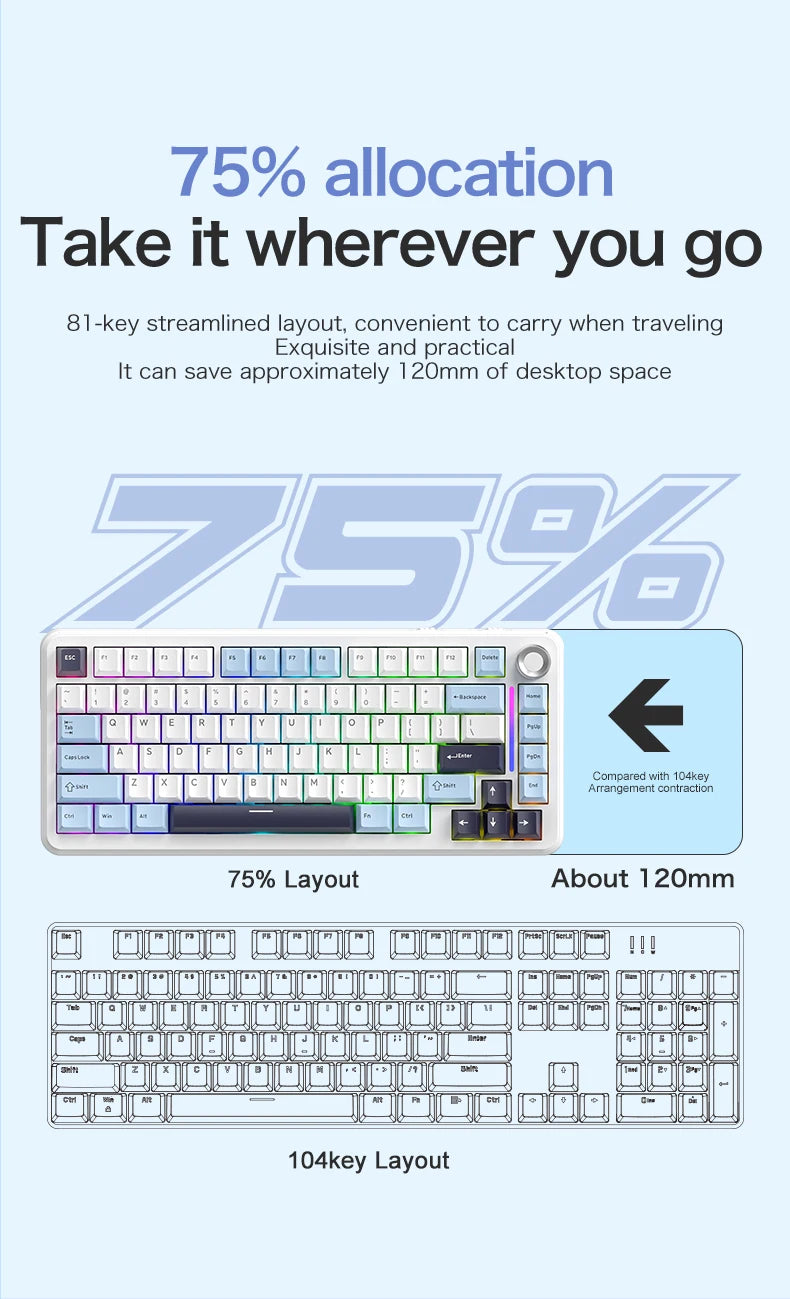 F75 Mechanical Keyboard FREEWOLF 81 Keys Layout Metal Knobs PBT Keycaps,Fully Hot-swappable Keys RGB Multi-color Backlighting