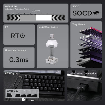 Teclado mecánico con cable AULA WIN60 HE/WIN60 HE MAX 60% con estructura tray-mount hot-swap e interruptores magnéticos Hall Effect