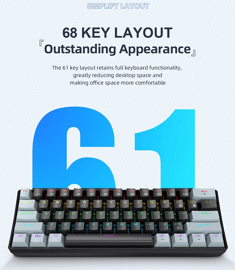 Tastiera meccanica mini APAYADO K61, cablata, 61 tasti, RGB Phantom, nera/bianca, switch meccanici rossi/blu per gaming, portatile 60%
