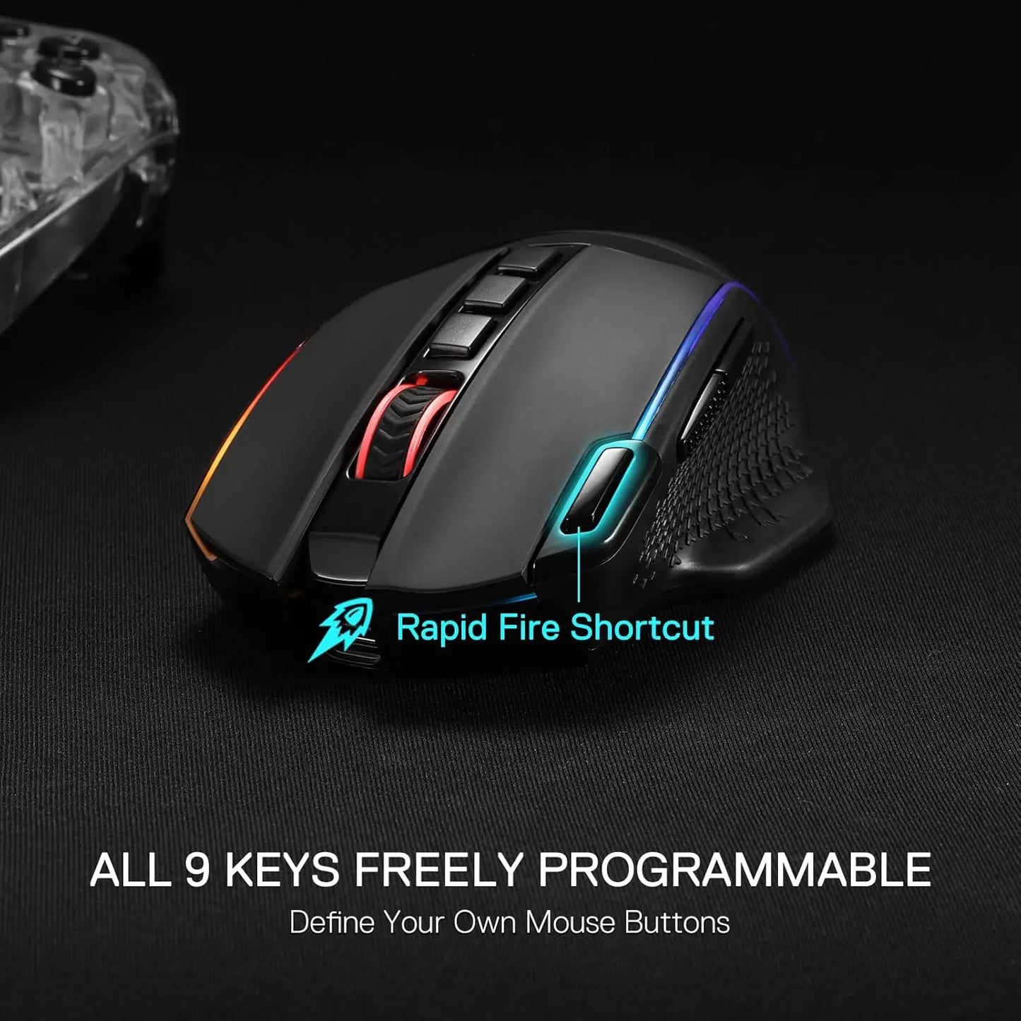 Mouse gaming wireless Redragon M991 26000 DPI, 3 modalità, 9 pulsanti macro, retroilluminazione RGB, nero