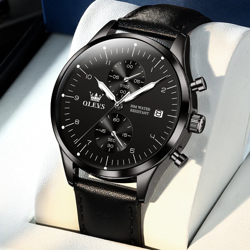 Relógio de homem OLEVS 2880 – Cronógrafo elegante e minimalista, bracelete em pele, indicação automática da data, resistente à água, ponteiros luminescentes, movimento de quartzo.