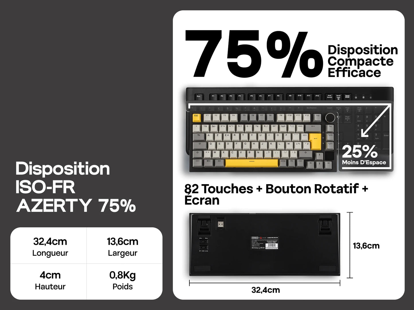 Layout ISO-FR EPOMAKER X AJAZZ AK820 PRO 75% AZERTY Francese Tastiera meccanica hot-swap cablata/BT/wireless 2.4GHz per Win/Mac/PC