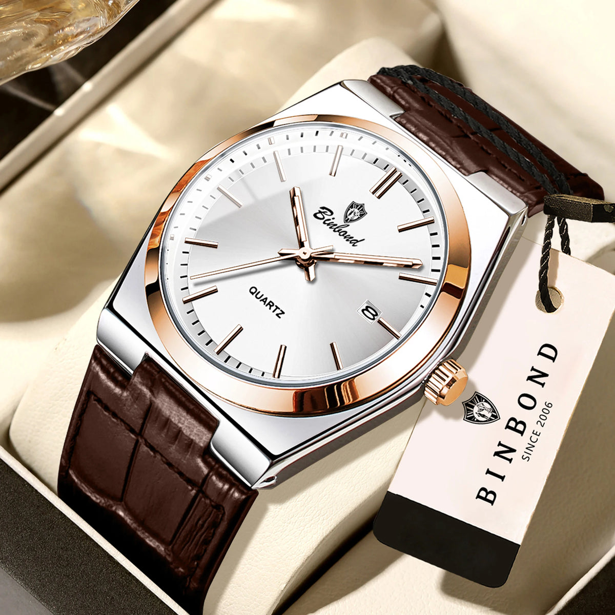 Relógio de pulso de luxo BINBOND com movimento de quartzo para homem – Impermeável, luminoso, com data automática – Estilo profissional, desportivo, moderno e descontraído – Pulseira em pele