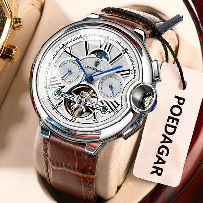 Relógio de homem POEDAGAR, estilo luxuoso e profissional, com indicação da data e do dia, turbilhão, caixa em aço inoxidável, movimento mecânico automático e resistência à água.