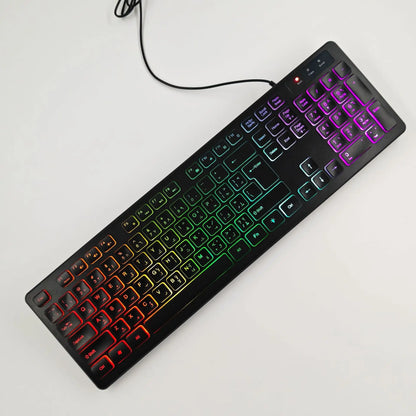 Tastiera da gaming per computer retroilluminata RGB silenziosa, tastiera cablata USB per ufficio e casa, russo, francese, spagnolo, tedesco, arabo, inglese